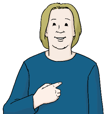 Eine Person zeigt mit dem Zeigefinger auf sich selbst. Sie trägt ein blaues Oberteil und hat blonde, kinnlange Haare.